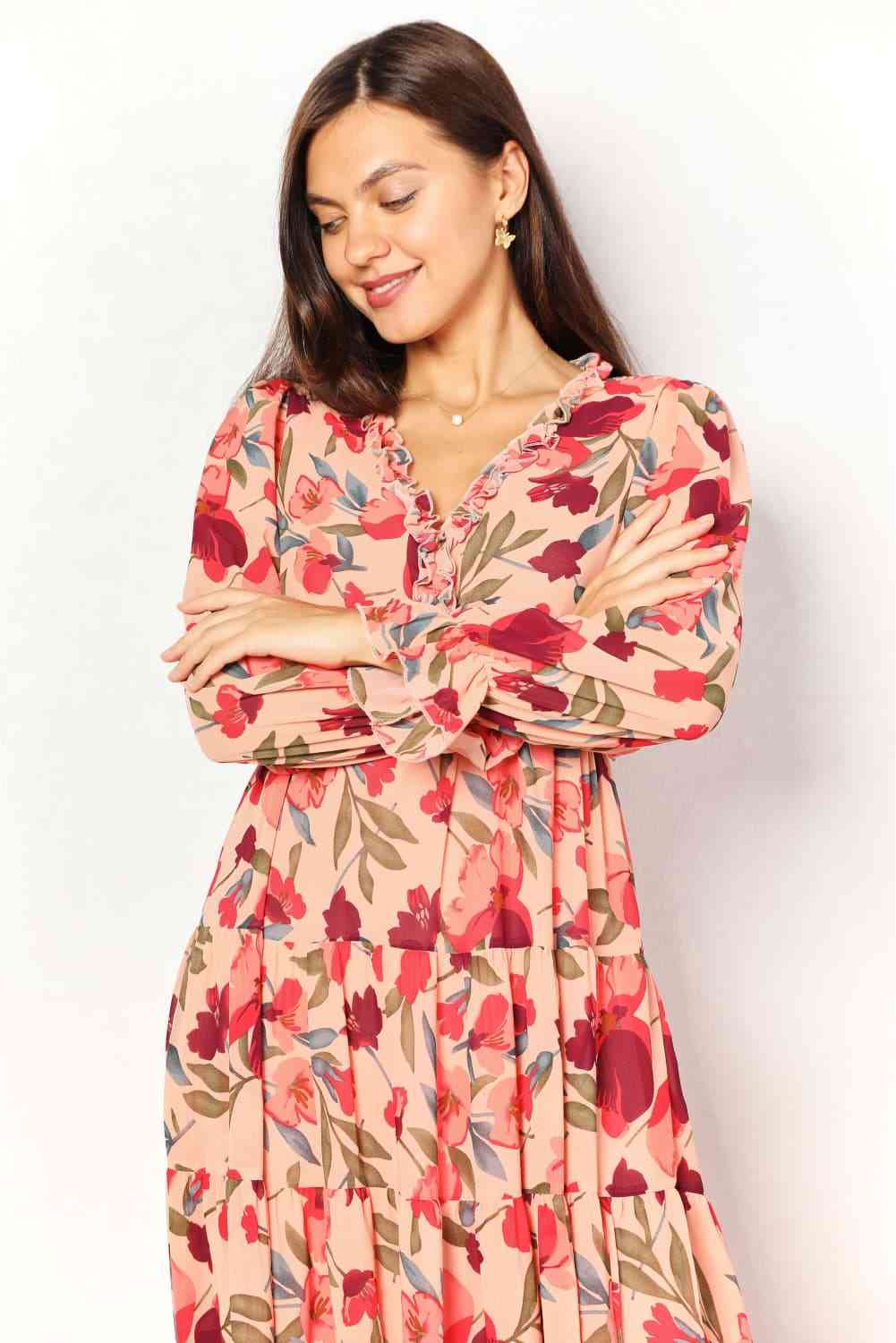 Floral Frill Trim Flounce Sleeve Plunge Maxi Dress - All Dresses - Dresses - 7 - 2024