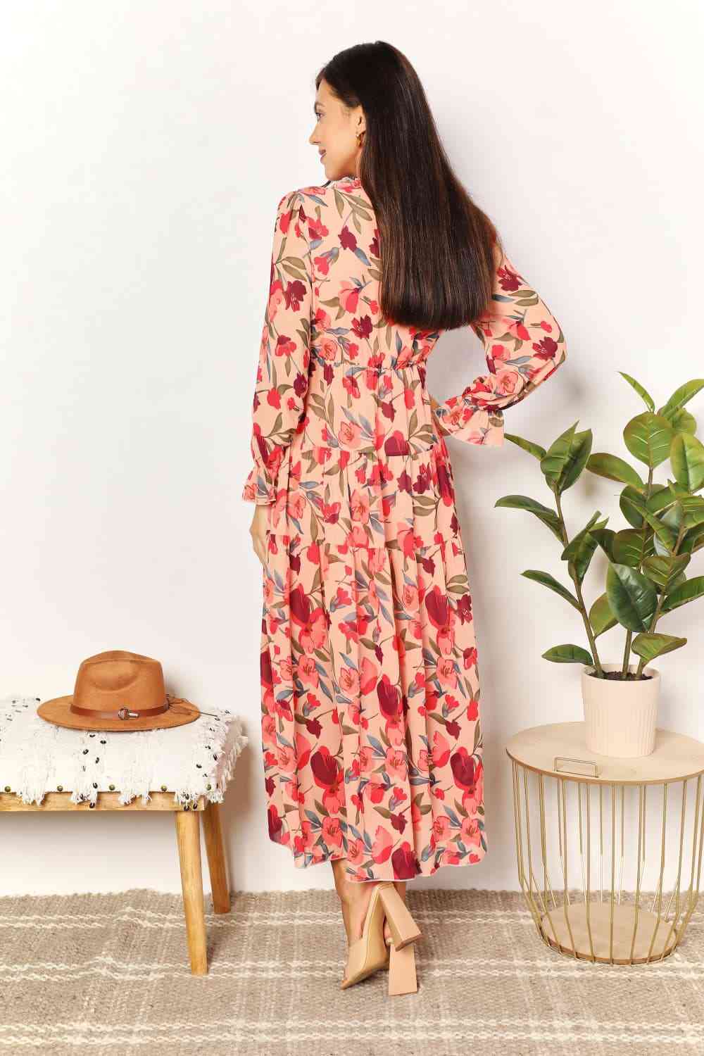 Floral Frill Trim Flounce Sleeve Plunge Maxi Dress - All Dresses - Dresses - 2 - 2024