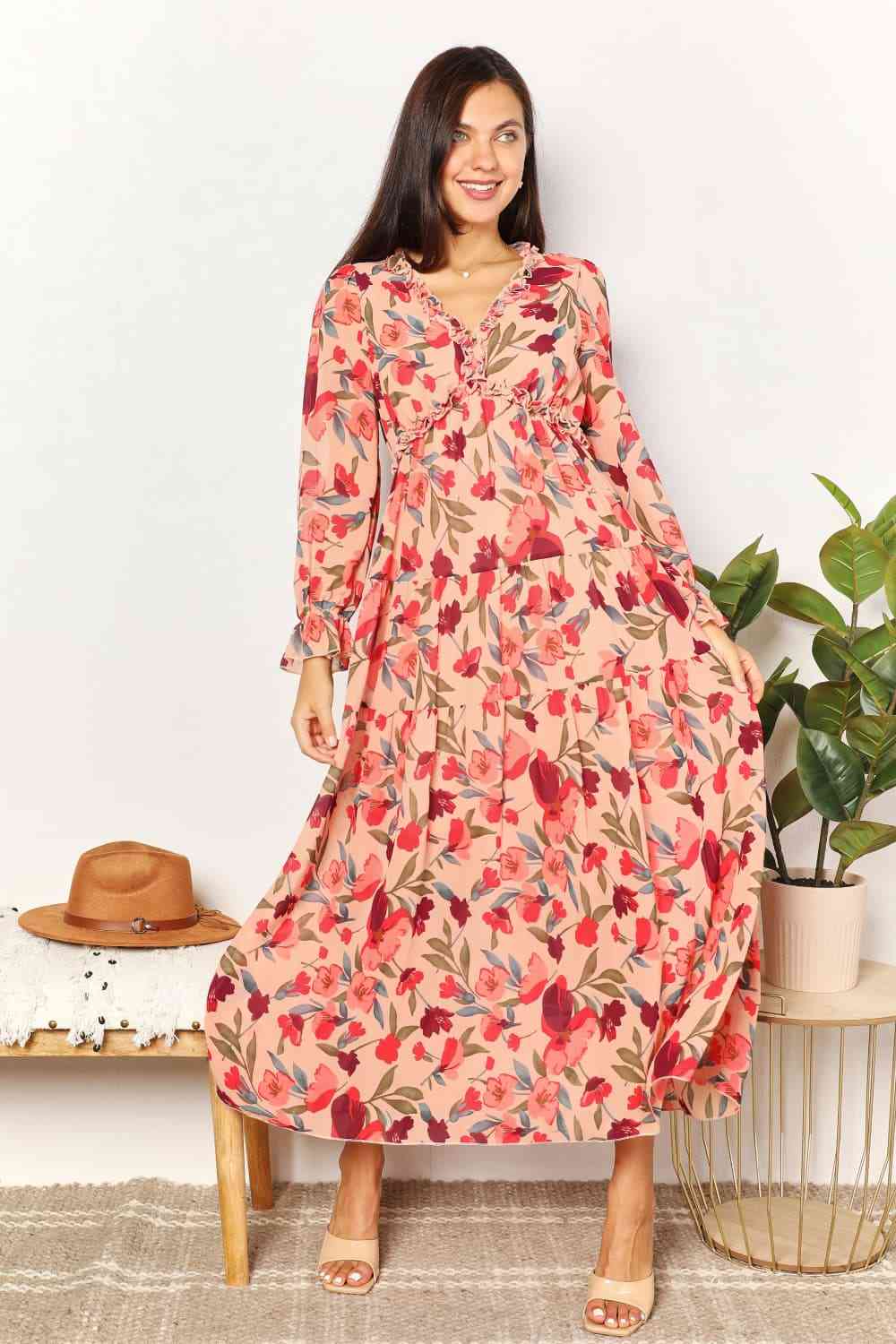 Floral Frill Trim Flounce Sleeve Plunge Maxi Dress - Floral / S - All Dresses - Dresses - 1 - 2024