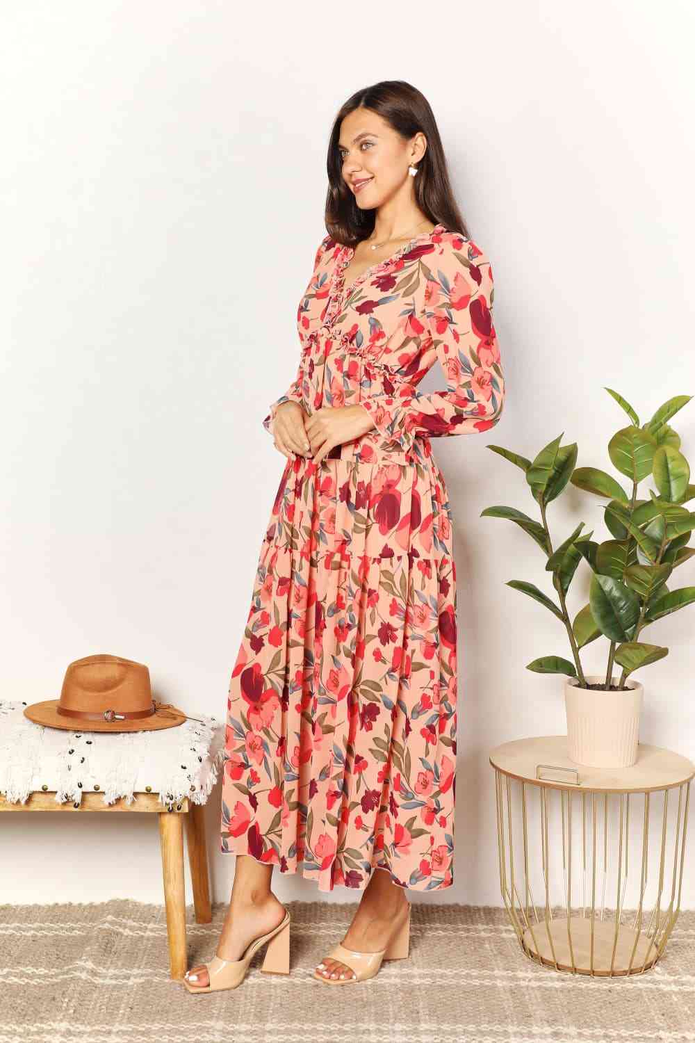 Floral Frill Trim Flounce Sleeve Plunge Maxi Dress - All Dresses - Dresses - 5 - 2024