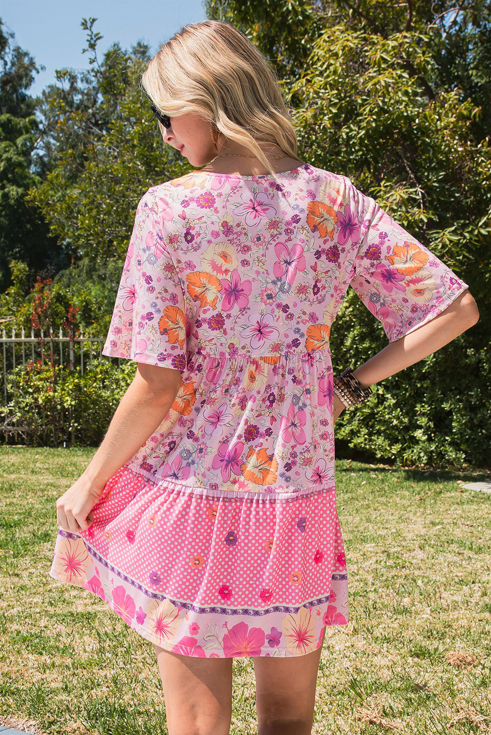 Floral Polka Dot Buttoned Mini Dress - All Dresses - Dresses - 2 - 2024