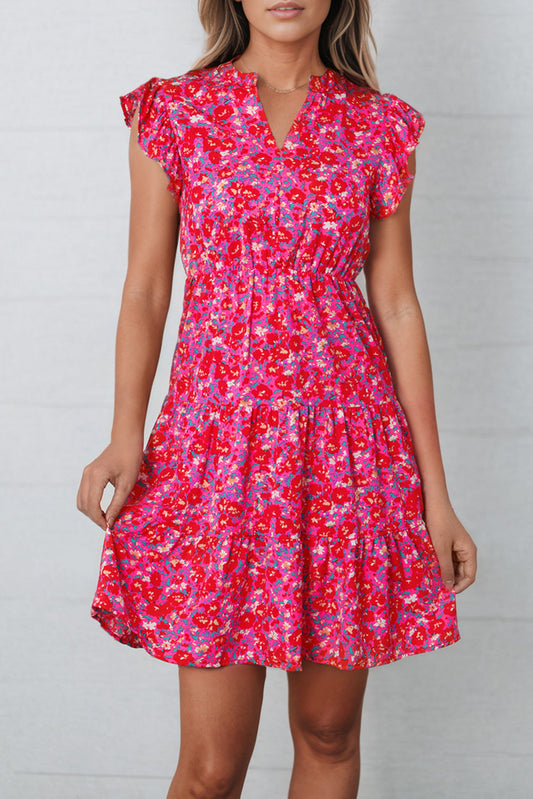 Floral Print Notched Neck Cap Sleeve Mini Dress - Floral / S - All Dresses - Dresses - 1 - 2024