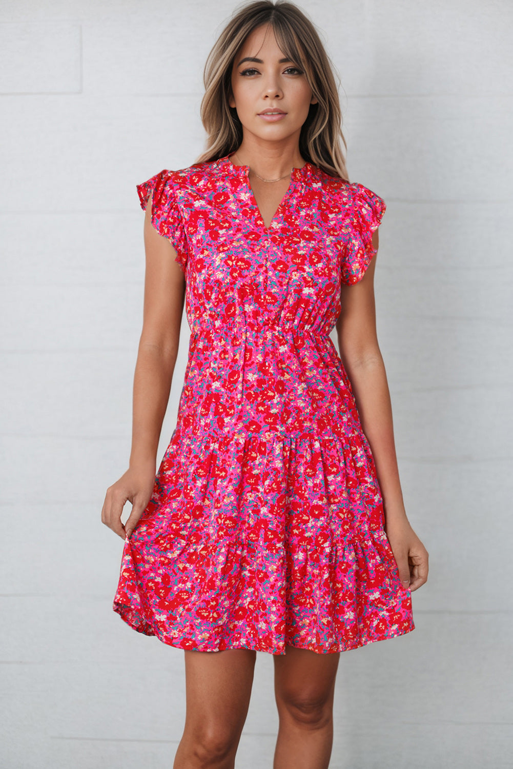 Floral Print Notched Neck Cap Sleeve Mini Dress - All Dresses - Dresses - 2 - 2024