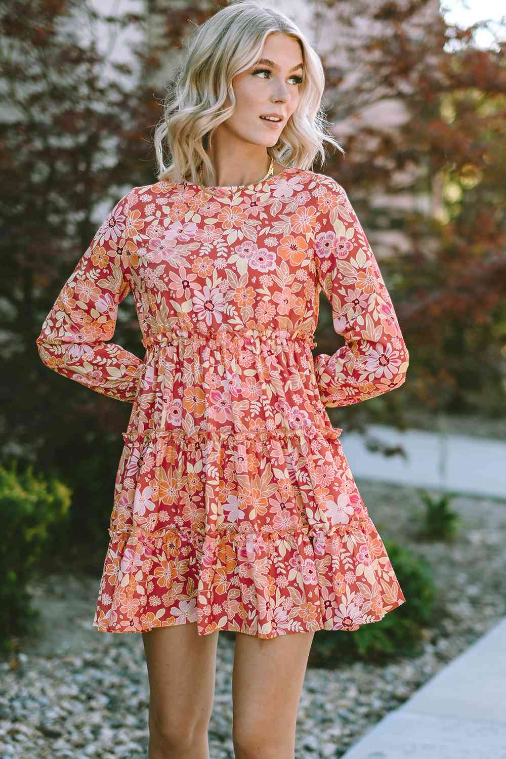 Floral Print Round Neck Long Sleeve Tiered Dress - All Dresses - Dresses - 4 - 2024
