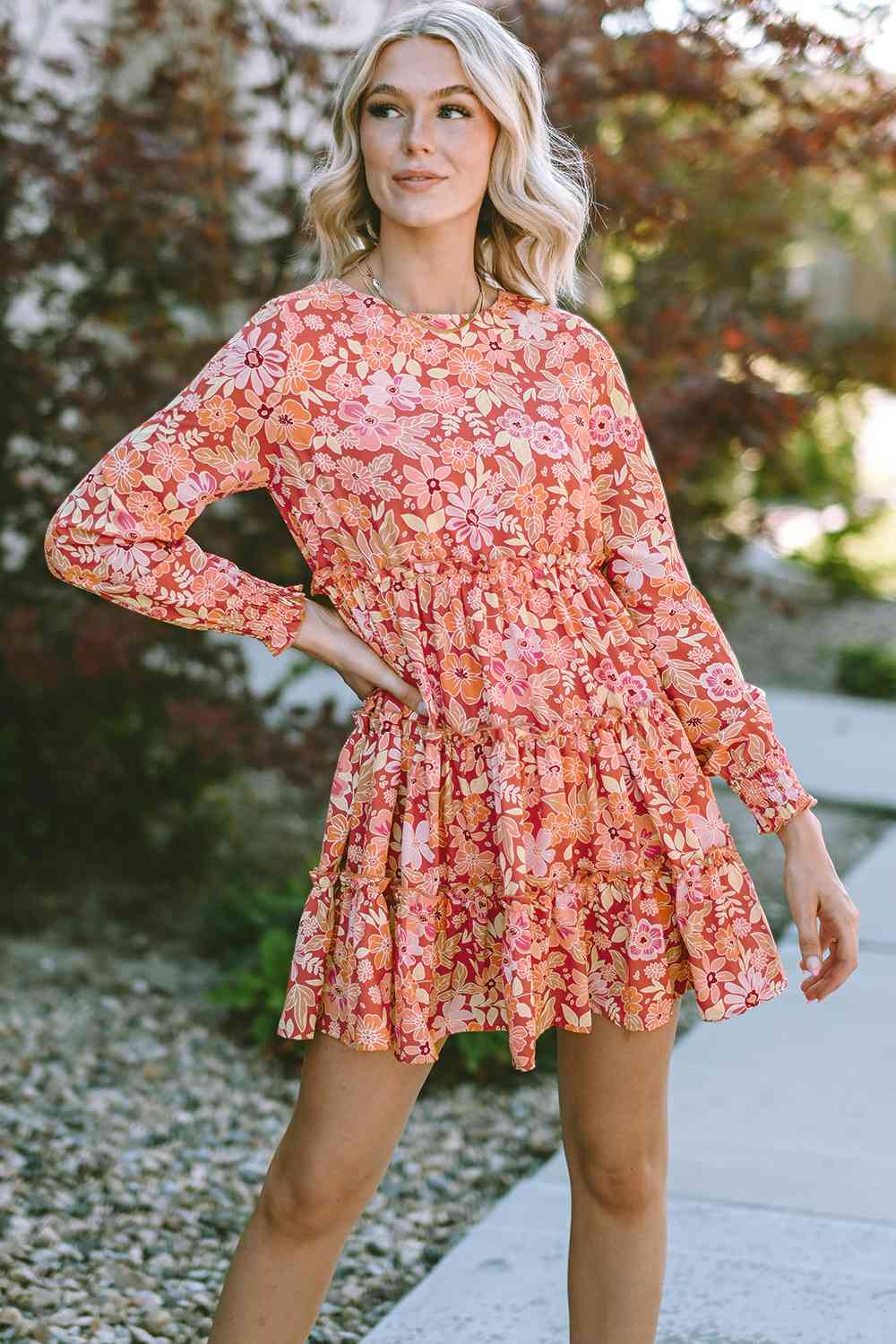 Floral Print Round Neck Long Sleeve Tiered Dress - All Dresses - Dresses - 3 - 2024