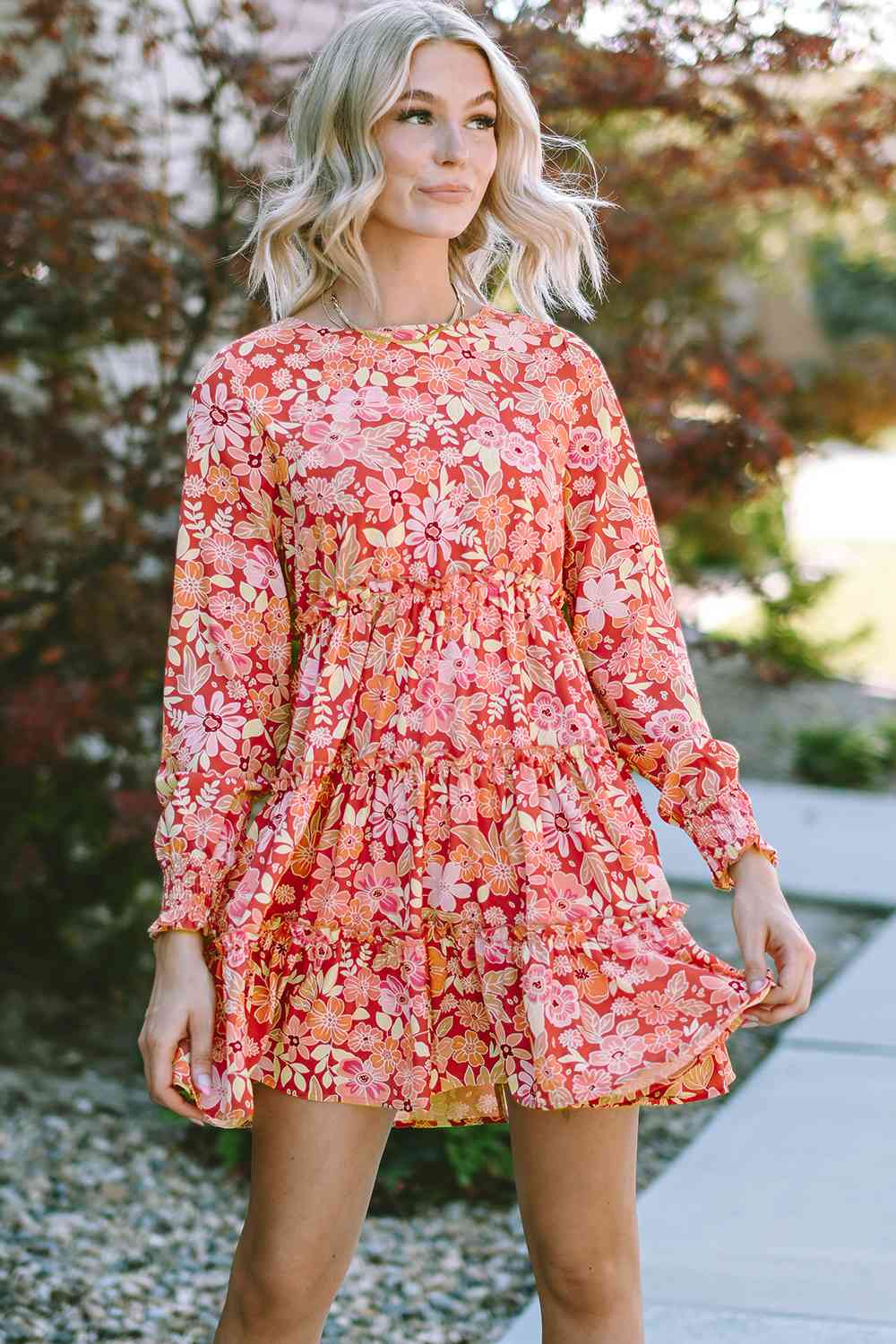 Floral Print Round Neck Long Sleeve Tiered Dress - Floral / S - All Dresses - Dresses - 1 - 2024