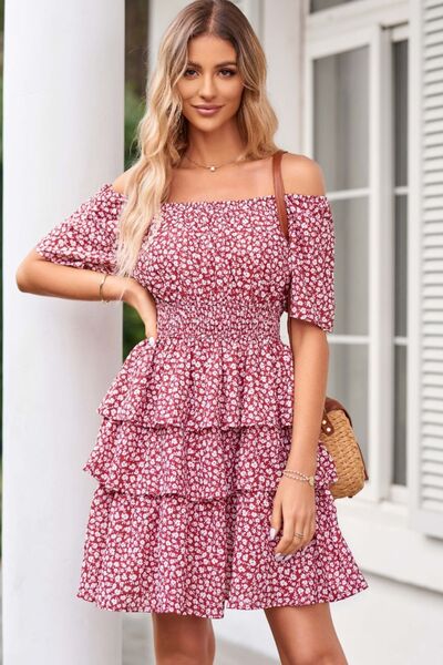 Floral Smocked Short Sleeve Layered Dress - Pink / S - All Dresses - Dresses - 7 - 2024