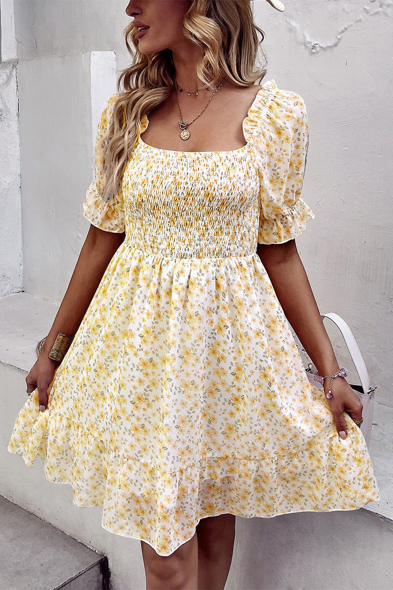Floral Smocked Square Neck Flounce Sleeve Dress - Yellow / S - All Dresses - Dresses - 1 - 2024