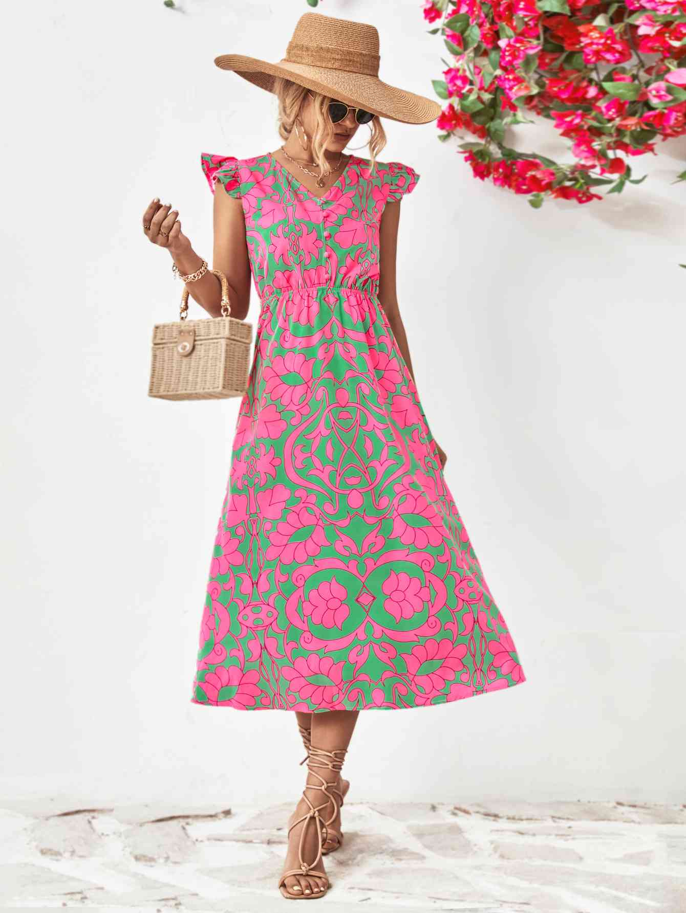 Floral V-Neck Cap Sleeve Dress - Green / S - All Dresses - Dresses - 7 - 2024