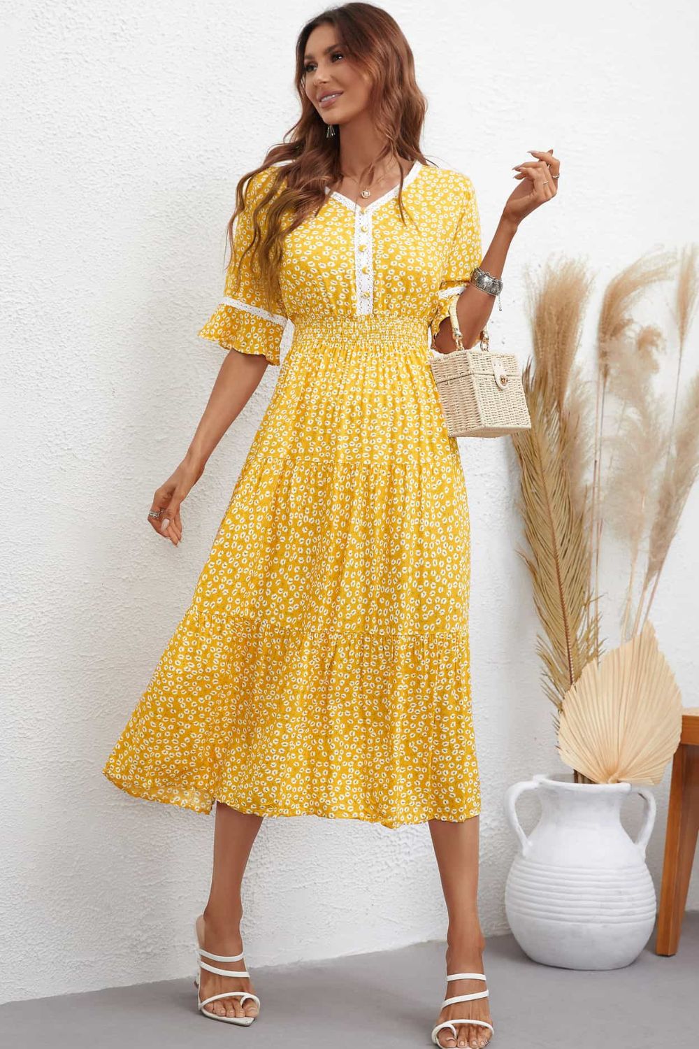 Floral V-Neck Smocked Waist Midi Dress - Yellow / S - All Dresses - Dresses - 3 - 2024