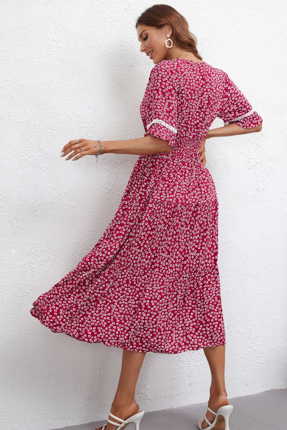Floral V-Neck Smocked Waist Midi Dress - All Dresses - Dresses - 9 - 2024