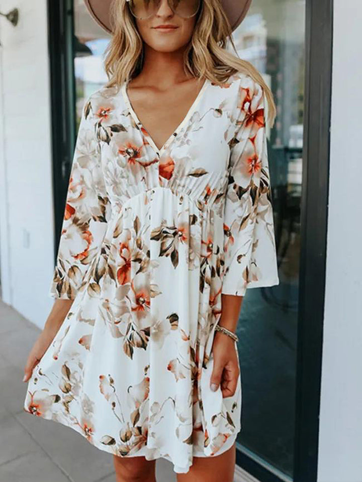 Floral V-Neck Three-Quarter Sleeve Dress - White / S - All Dresses - Dresses - 1 - 2024