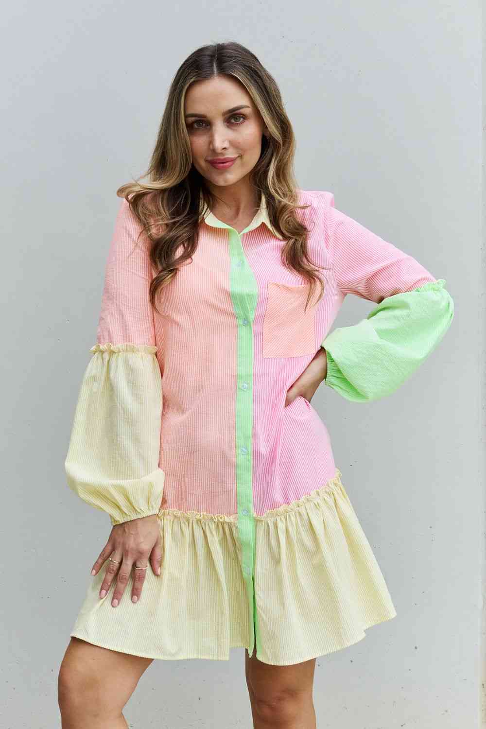 Flying Colors Full Size Colorblock Long Sleeve Shirt Dress - All Dresses - Dresses - 7 - 2024