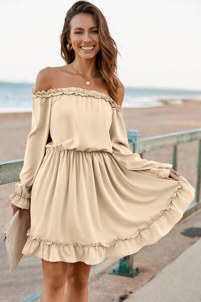 Frill Off-Shoulder Flounce Sleeve Dress - Beige / S - All Dresses - Dresses - 13 - 2024