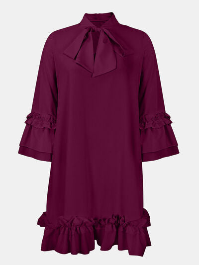 Frill Tie Neck Three-Quarter Sleeve Dress - Purple / S - All Dresses - Dresses - 12 - 2024