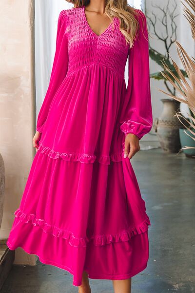 Frill V-Neck Balloon Sleeve Tiered Dress - Pink / S - All Dresses - Dresses - 1 - 2024