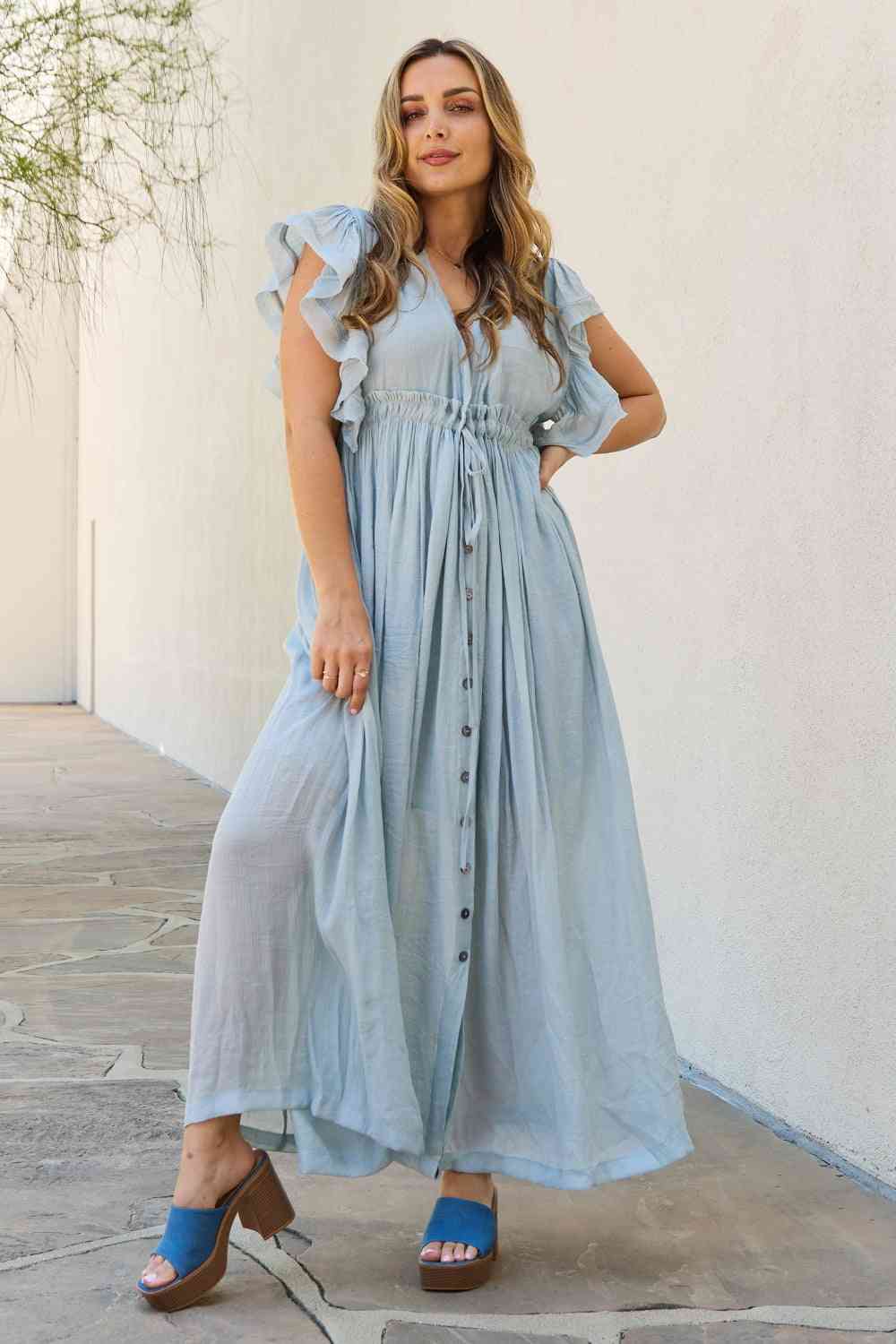 Full Size Drawstring Deep V Butterfly Sleeve Maxi Dress - Misty Blue / S - All Dresses - Dresses - 1 - 2024