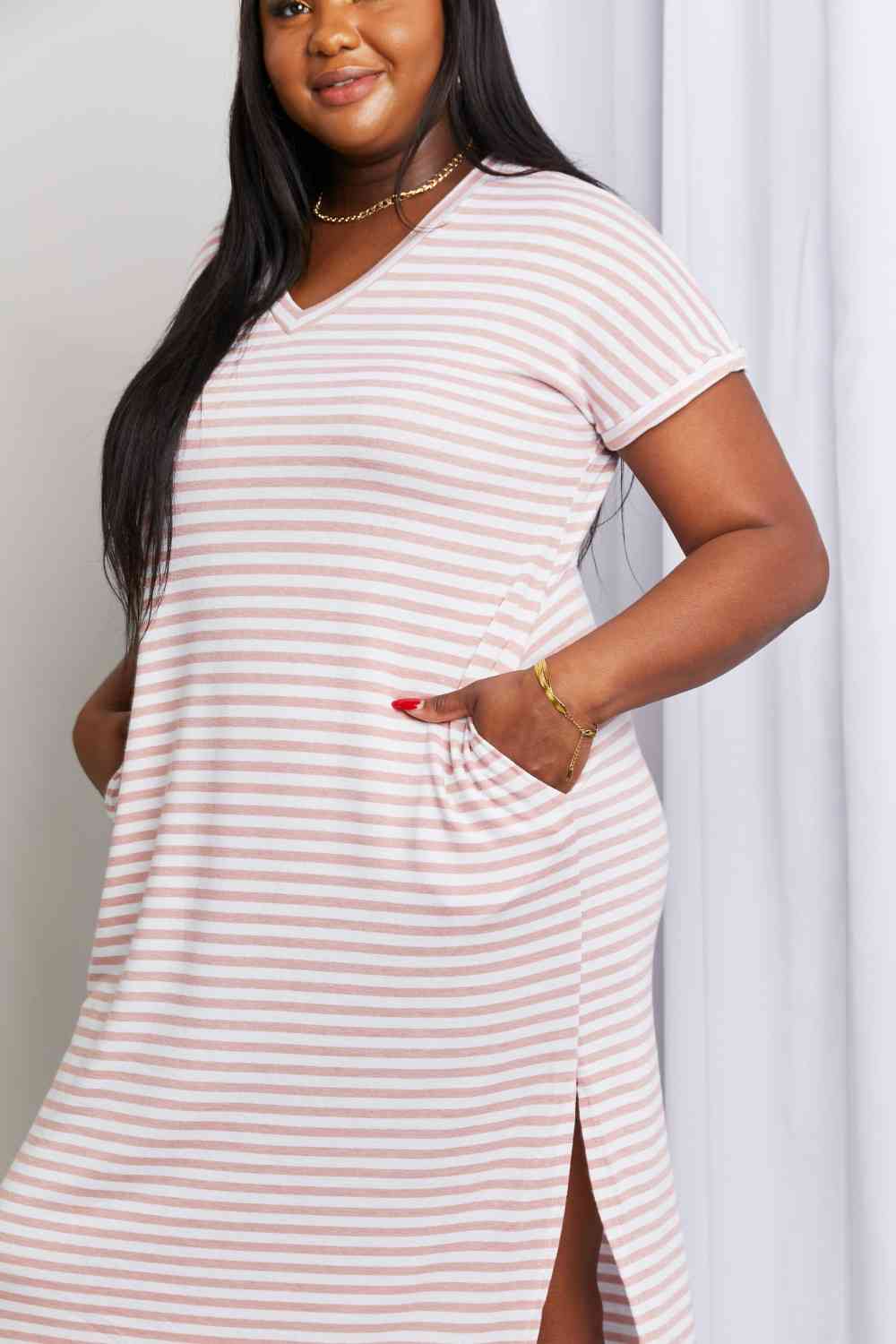 Full Size Horizontal Stripe Side Slit V-Neck Dress - All Dresses - Dresses - 8 - 2024