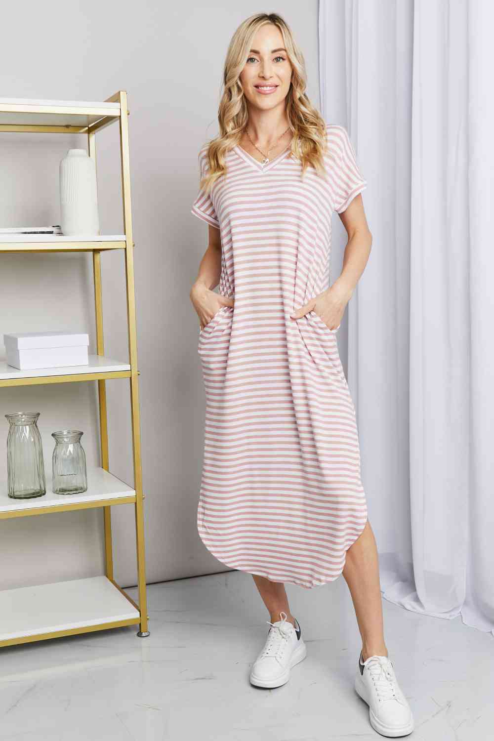 Full Size Horizontal Stripe Side Slit V-Neck Dress - Pink/Ivory / S - All Dresses - Dresses - 1 - 2024