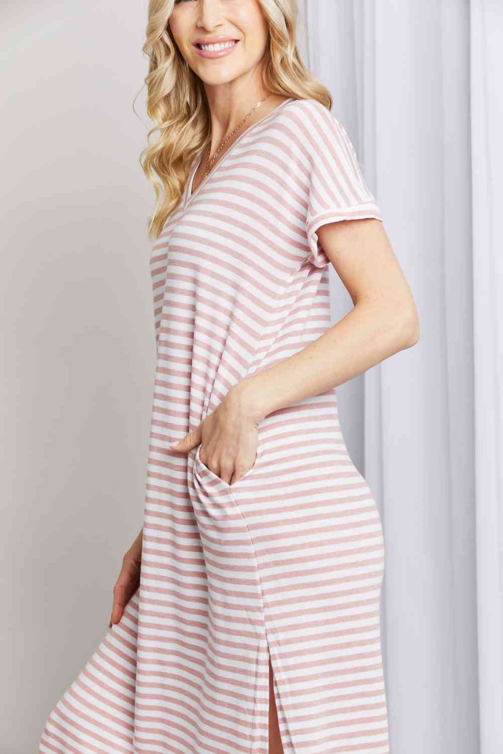 Full Size Horizontal Stripe Side Slit V-Neck Dress - All Dresses - Dresses - 4 - 2024