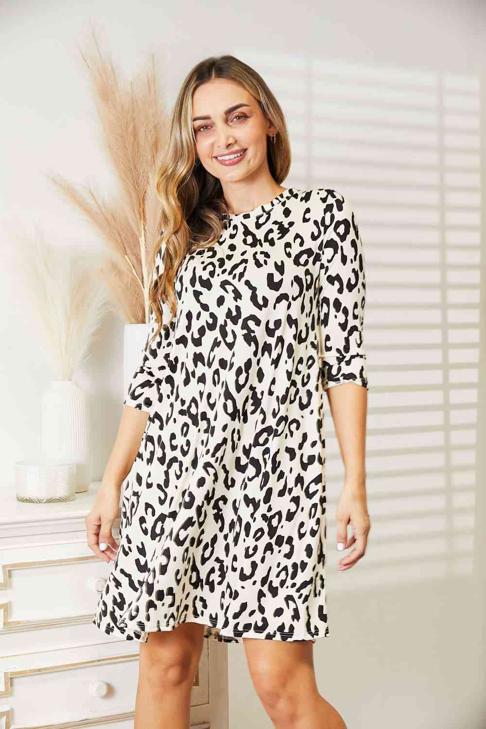 Full Size Leopard Three-Quarter Sleeve Dress with Pockets - All Dresses - Dresses - 9 - 2024