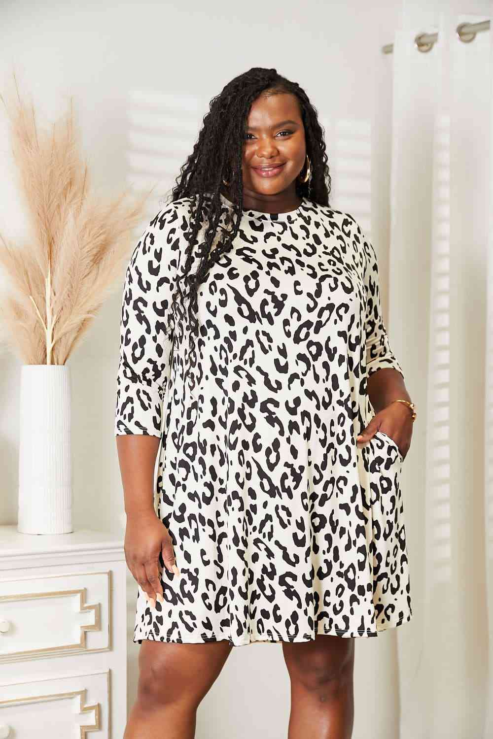 Full Size Leopard Three-Quarter Sleeve Dress with Pockets - Cream / S - All Dresses - Dresses - 1 - 2024