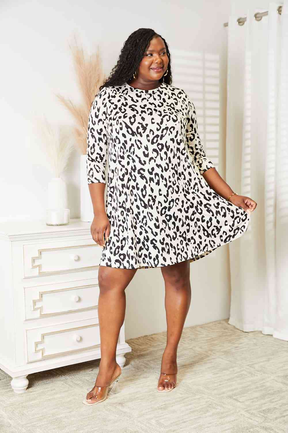 Full Size Leopard Three-Quarter Sleeve Dress with Pockets - All Dresses - Dresses - 5 - 2024