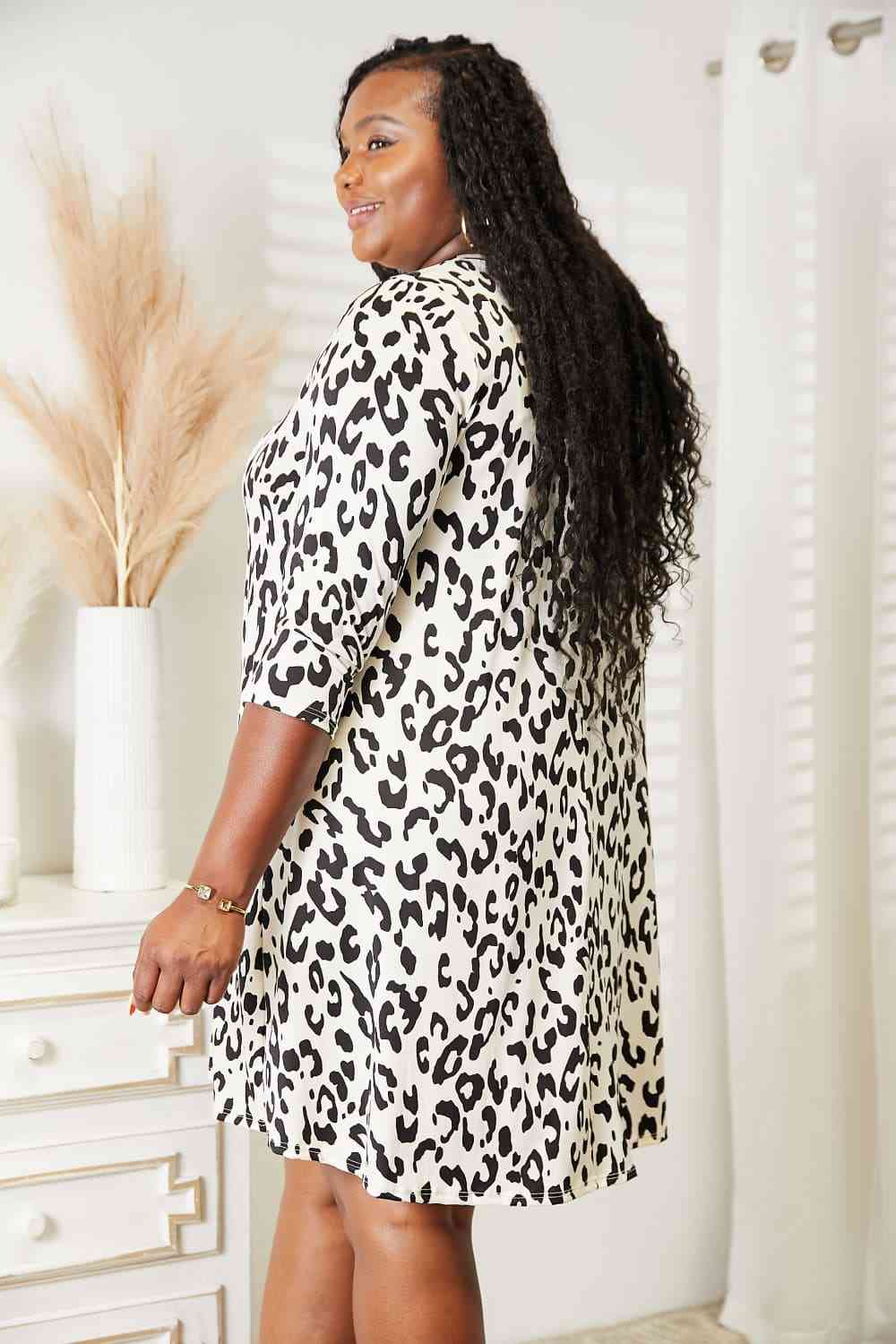 Full Size Leopard Three-Quarter Sleeve Dress with Pockets - All Dresses - Dresses - 2 - 2024