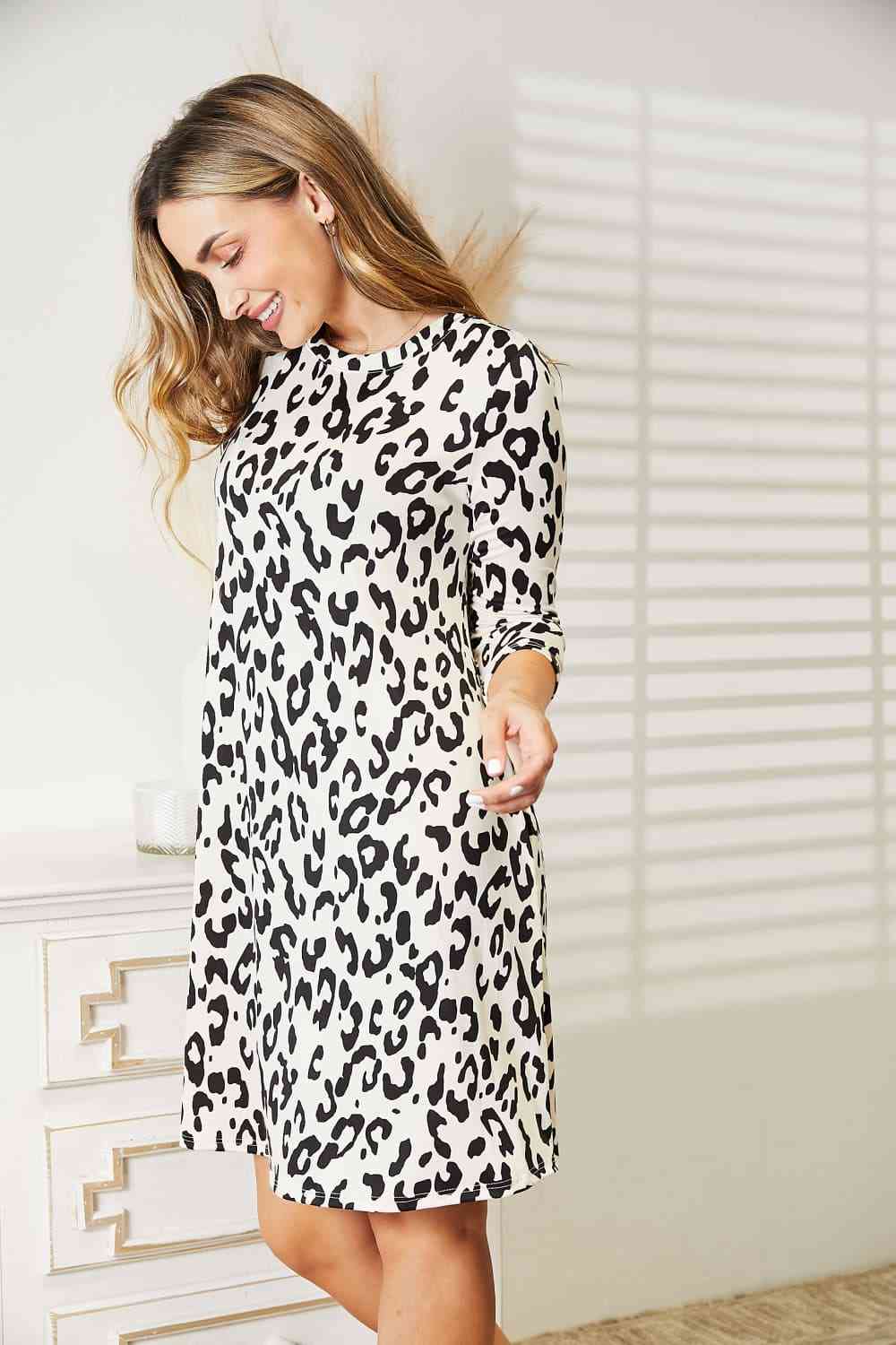 Full Size Leopard Three-Quarter Sleeve Dress with Pockets - All Dresses - Dresses - 12 - 2024