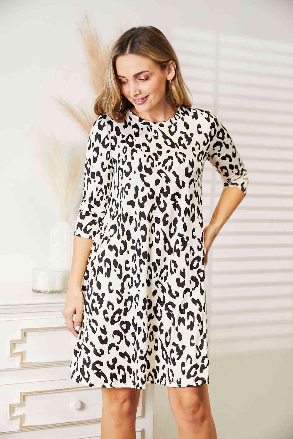 Full Size Leopard Three-Quarter Sleeve Dress with Pockets - All Dresses - Dresses - 8 - 2024