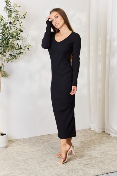Full Size Ribbed Long Sleeve Midi Slit Dress - All Dresses - Dresses - 7 - 2024