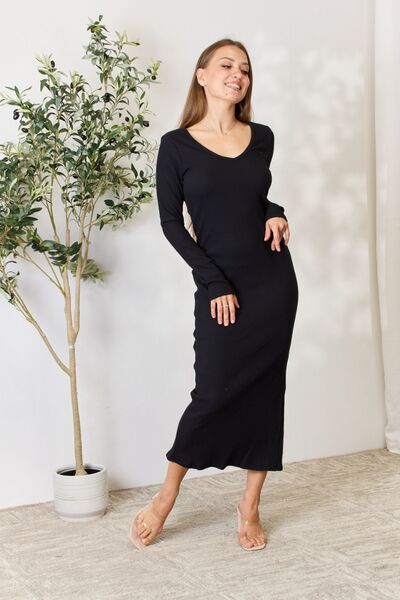 Full Size Ribbed Long Sleeve Midi Slit Dress - All Dresses - Dresses - 6 - 2024