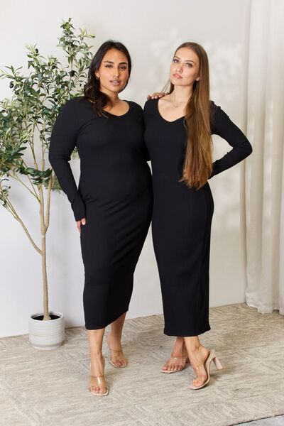 Full Size Ribbed Long Sleeve Midi Slit Dress - All Dresses - Dresses - 10 - 2024