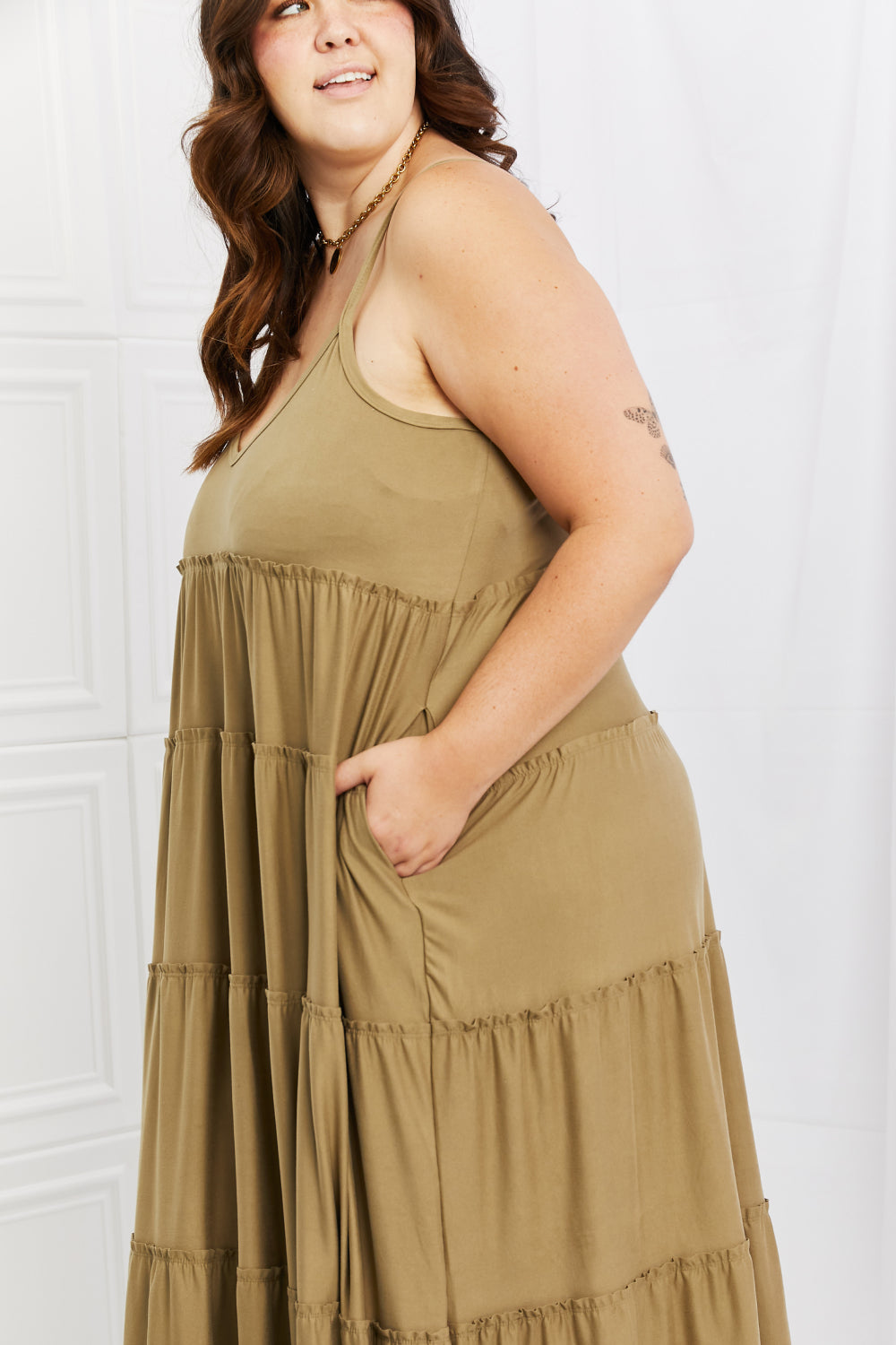 Full Size Spaghetti Strap Tiered Dress with Pockets in Khaki - All Dresses - Dresses - 10 - 2024
