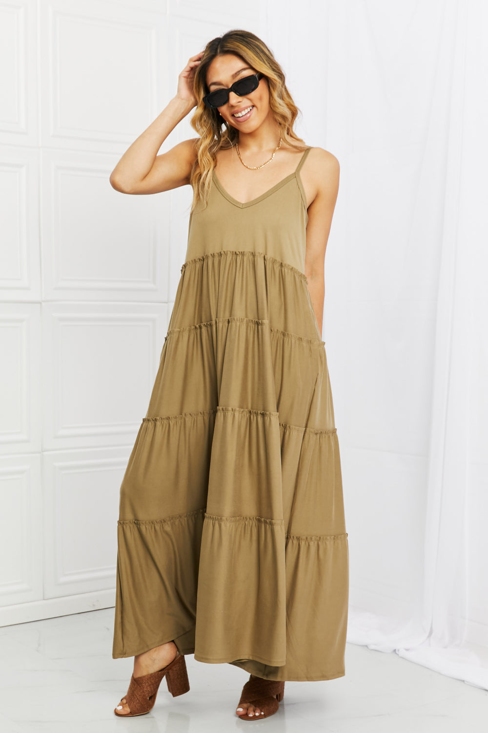Full Size Spaghetti Strap Tiered Dress with Pockets in Khaki - All Dresses - Dresses - 3 - 2024