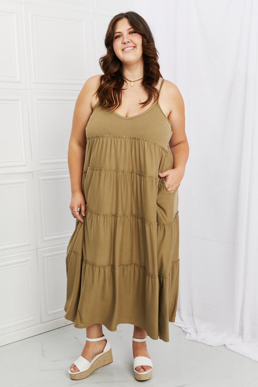 Full Size Spaghetti Strap Tiered Dress with Pockets in Khaki - All Dresses - Dresses - 6 - 2024