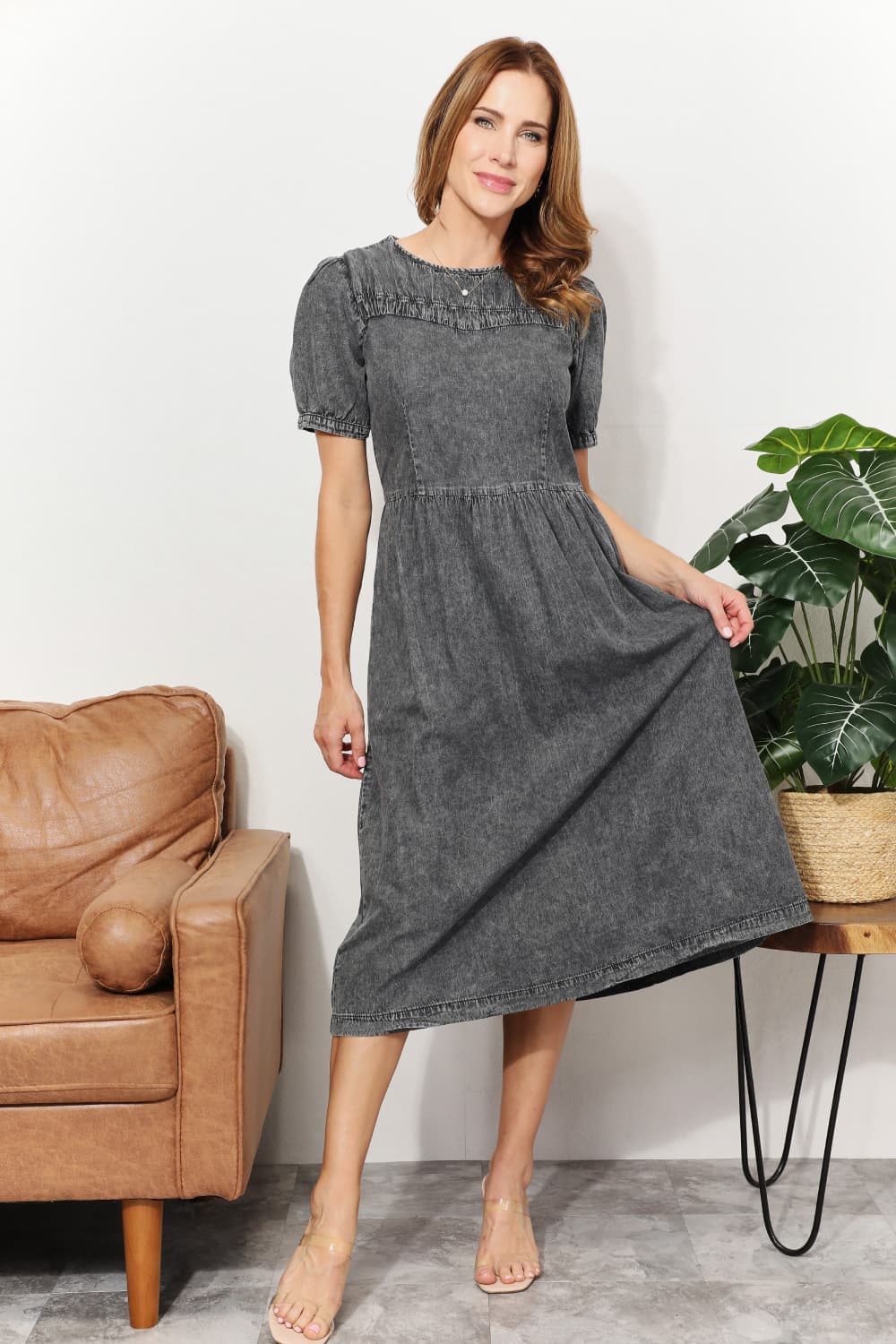 Full Size Washed Chambray Midi Dress - Gray / S - All Dresses - Dresses - 1 - 2024