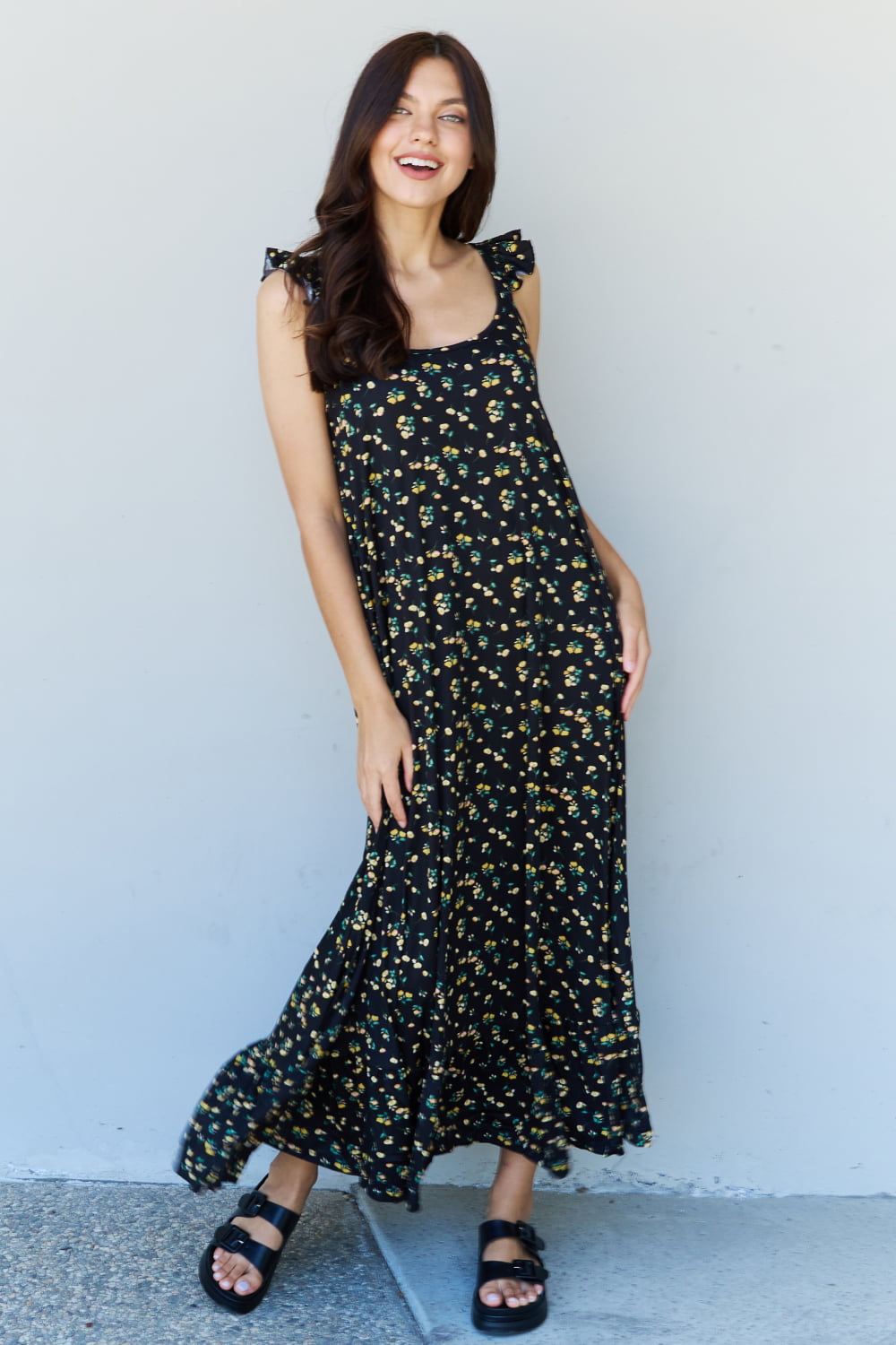 The Garden Ruffle Floral Maxi Dress in Black Yellow Floral - All Dresses - Dresses - 3 - 2024