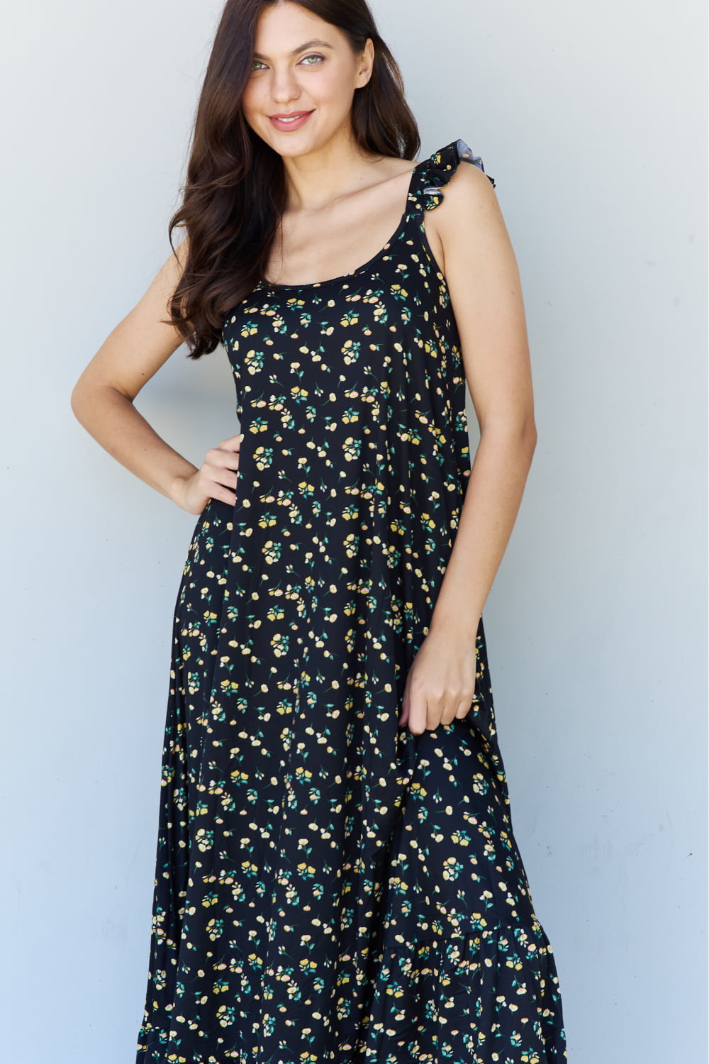 The Garden Ruffle Floral Maxi Dress in Black Yellow Floral - All Dresses - Dresses - 5 - 2024