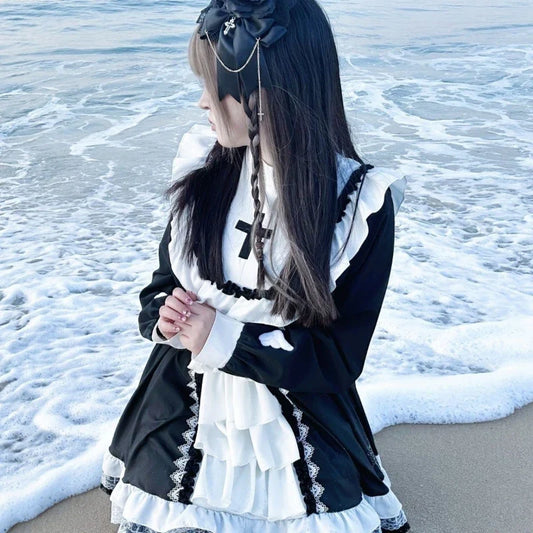 Gothic Lolita OP Dress - Kawaii Bow Ruffles Blue & White Patchwork - Black / S - All Dresses - Dresses - 5 - 2024