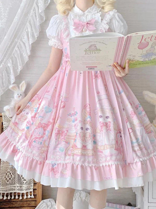 Gothic Sweet Lolita Dress - Square Collar Cat Print - Pink / S - All Dresses - Dresses - 2 - 2024