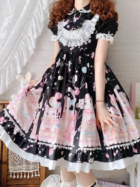 Gothic Sweet Lolita Dress - Square Collar Cat Print - Black / S - All Dresses - Dresses - 1 - 2024