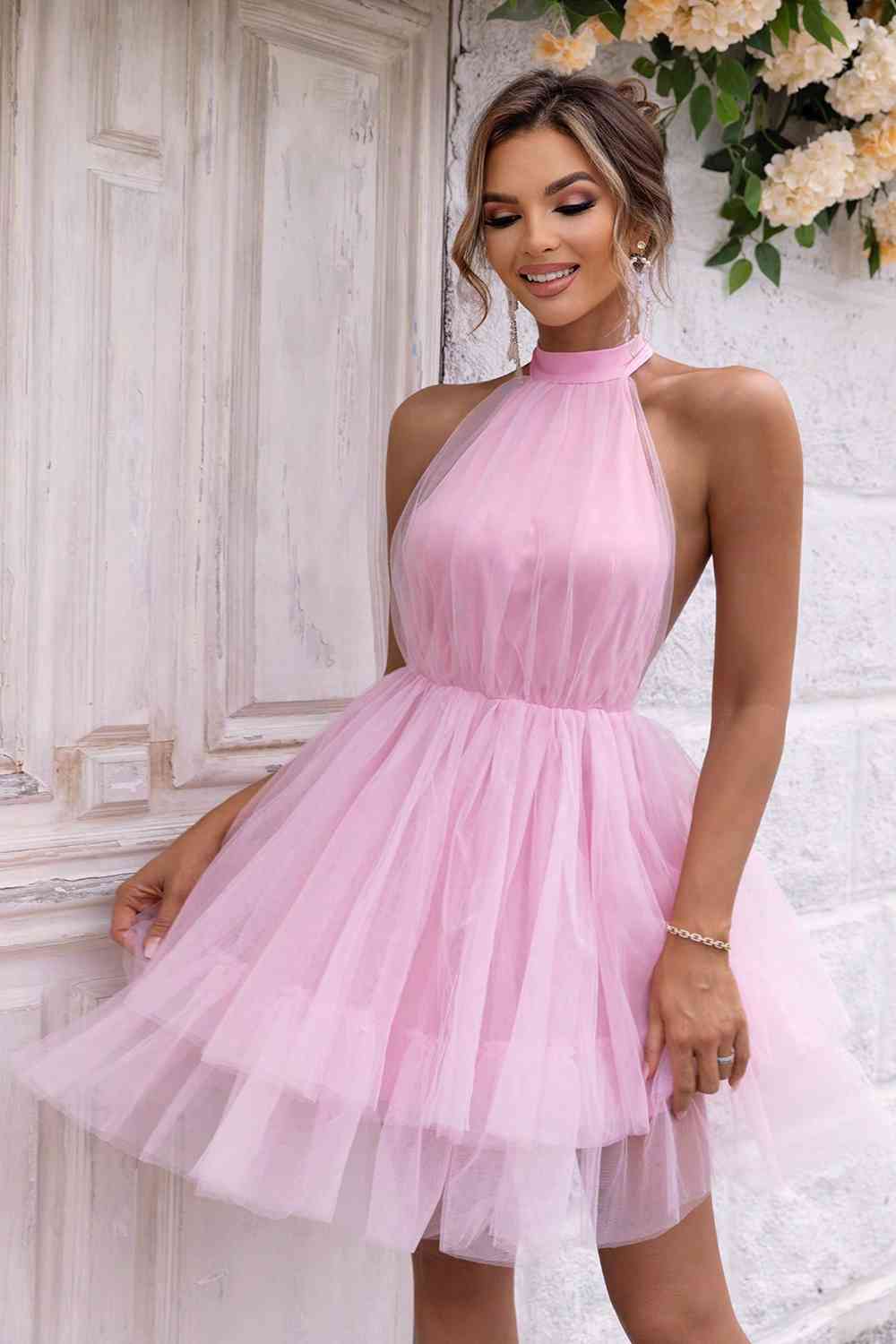 Halter Neck Backless Mesh Dress - Blush Pink / XS - All Dresses - Dresses - 1 - 2024
