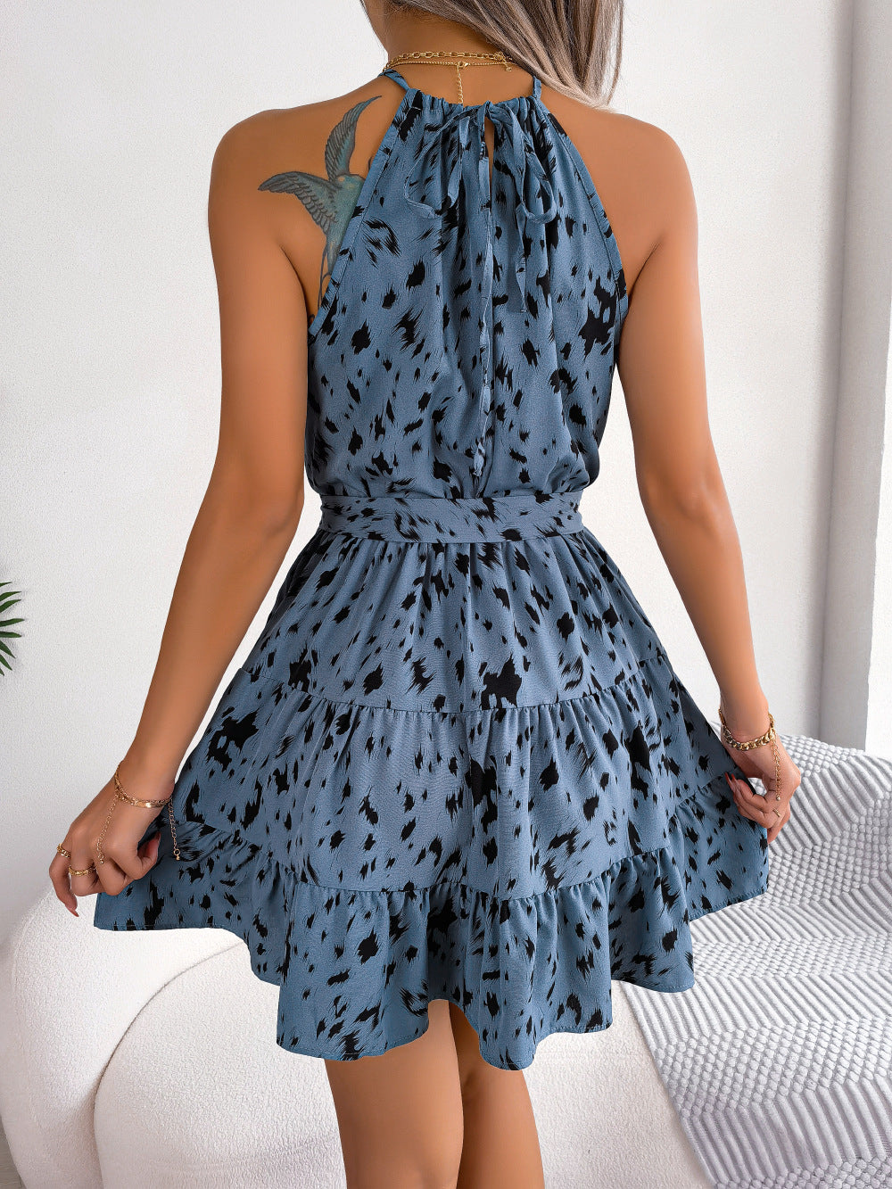 Halter Neck Printed Tie Waist Sleeveless Mini Dress - All Dresses - Dresses - 10 - 2024