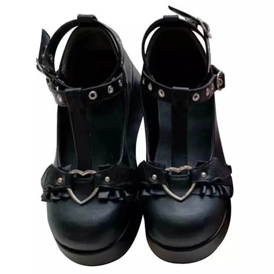 Heart Buckle Wedges Mary Janes Chunky Lolita - Black / 35 - All Dresses - Shoes - 7 - 2024