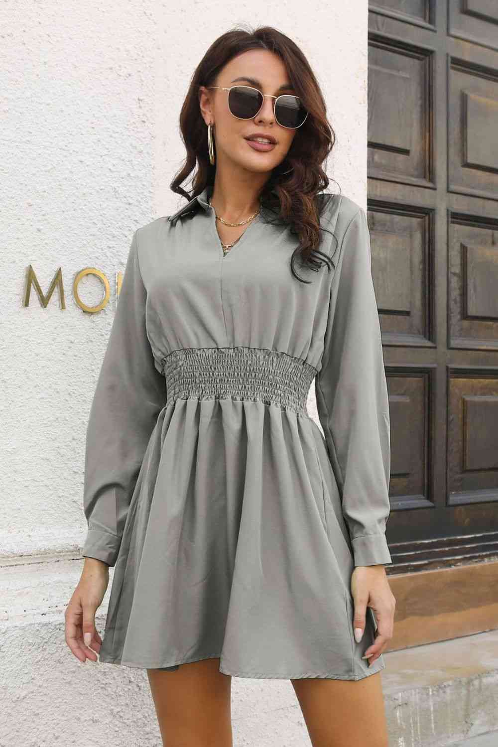 Johnny Collar Smocked Waist Long Sleeve Mini Dress - All Dresses - Dresses - 13 - 2024