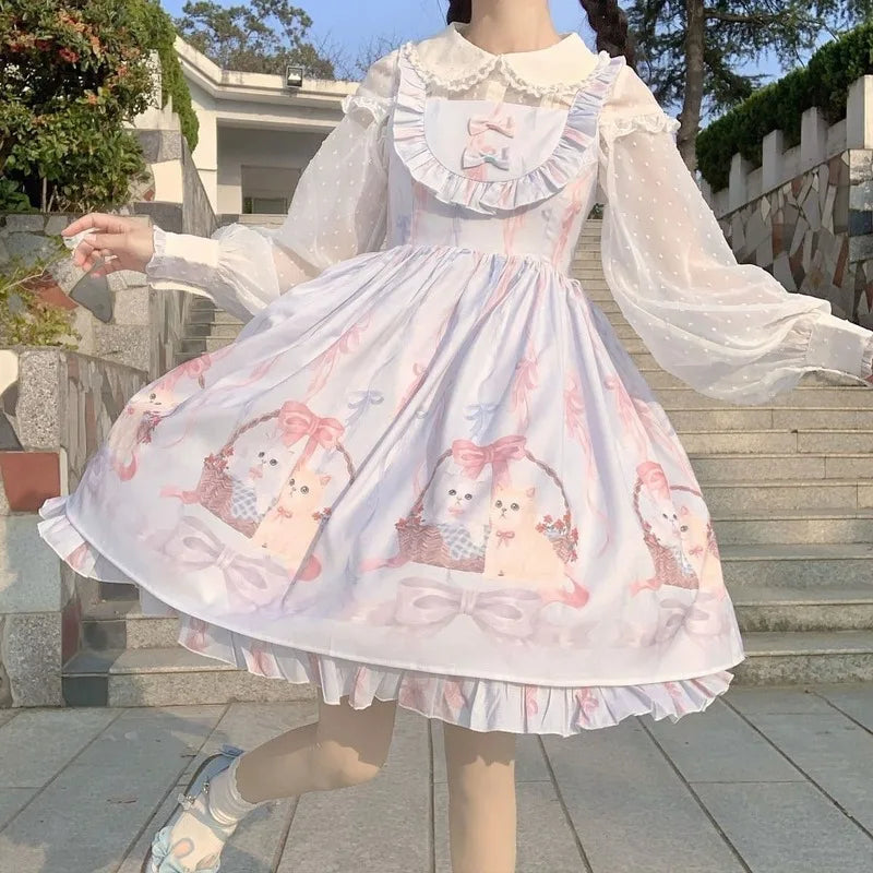 JSK Kawaii Lolita Dress - Cute Cats Tea Party - Kawaii Stop -  jsk-kawaii-lolita-dress-cute-cats-tea-party