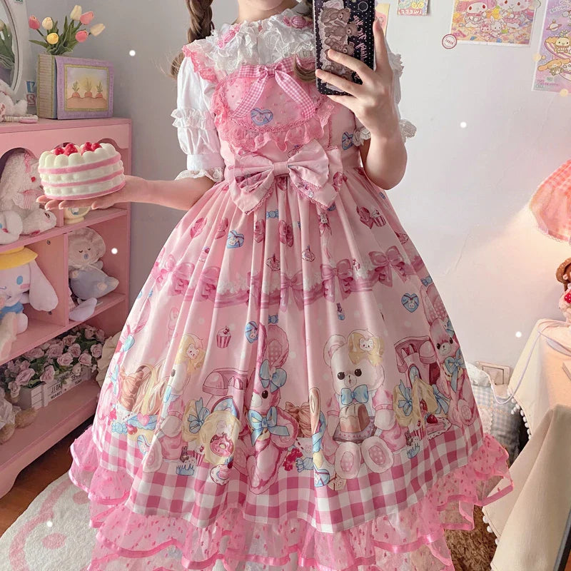 Kawaii Cartoon Bear Lolita JSK Dress - Sleeveless Lace - Only Pink Jsk Dress / One Size - All Dresses - Clothing - 10