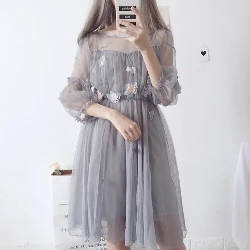 Kawaii Floral Lace Summer Dress Set - Grey / One Size - All Dresses - Dresses - 8 - 2024