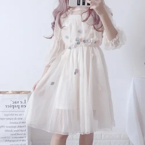 Kawaii Floral Lace Summer Dress Set - Apricot / One Size - All Dresses - Dresses - 7 - 2024